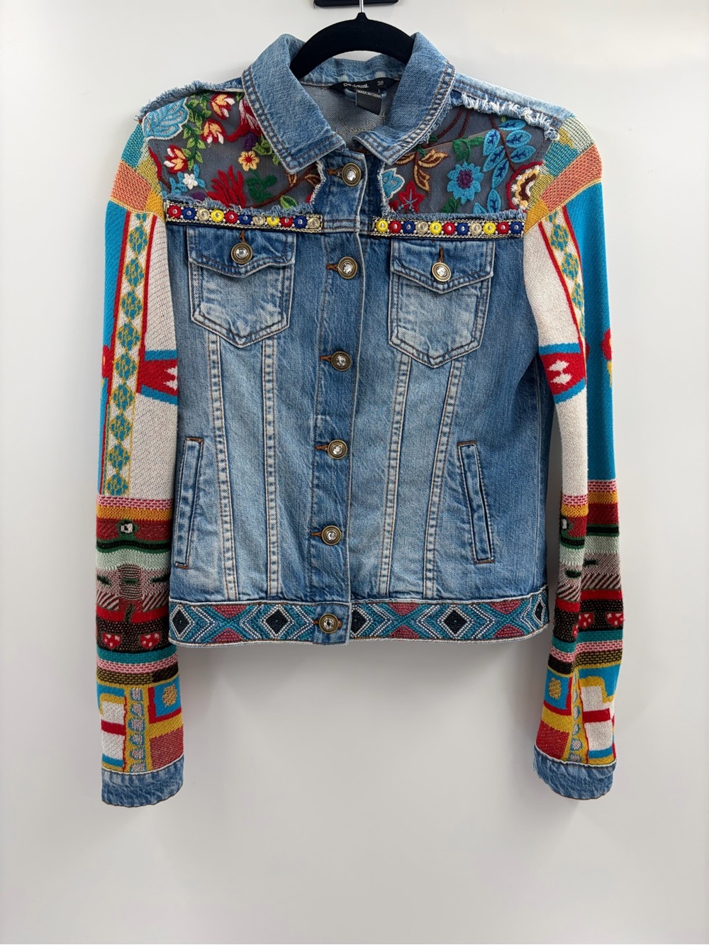Desigual y2k 2000s hippie boho Jean cropped embroidered detail jacket size small